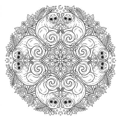 Dive into a world of intricate beauty with this captivating lorises mandala coloring page, designed specifically for teens. Explore symmetrical patterns featuring adorable lorises amidst detailed botanical elements.