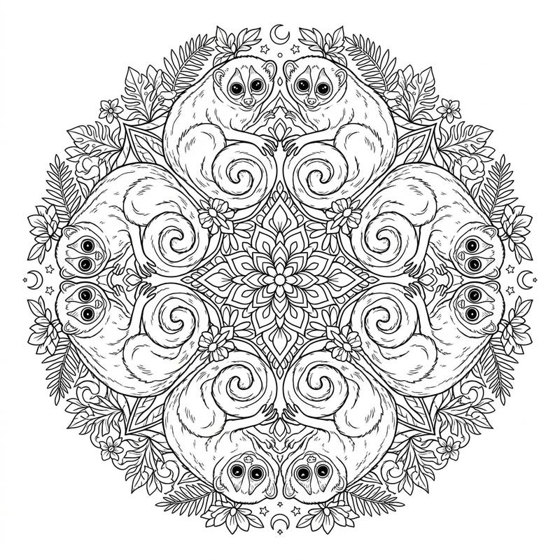 Dive into a world of intricate beauty with this captivating lorises mandala coloring page, designed specifically for teens. Explore symmetrical patterns featuring adorable lorises amidst detailed botanical elements.