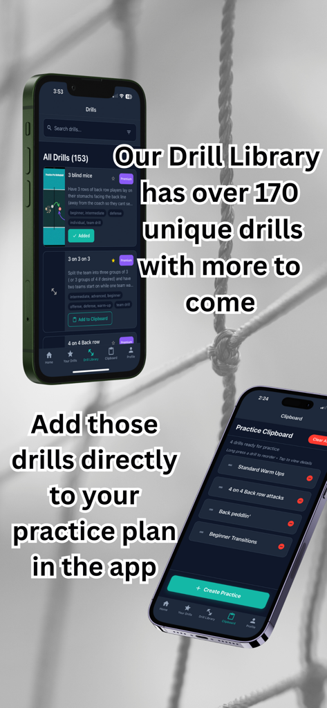 Practice Pro Volleyball - Practice Pro Volleyball mobile app screens displaying the drill library and practice clipboard features for coaches.