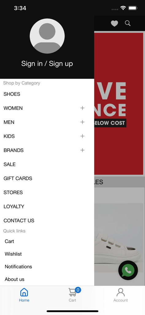 Navigation drawer of the DC.ONE shopping app showing categories for shoes women men and kids alongside quick links like cart and wishlist