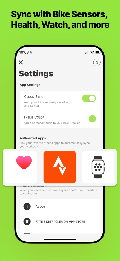 Bike Tracker: MTB Trails - Apple Health, Strava 및 Apple Watch와 동기화 옵션을 보여주는 바이크 트래커 앱의 설정 화면.
