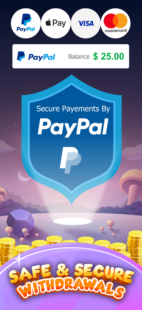 Secure cash withdrawal screen showing PayPal and Apple Pay options for Bingo Real Money game.