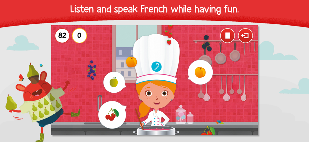 Personaggio bambino nei panni di uno chef in un gioco di cucina che impara il vocabolario francese sulla frutta