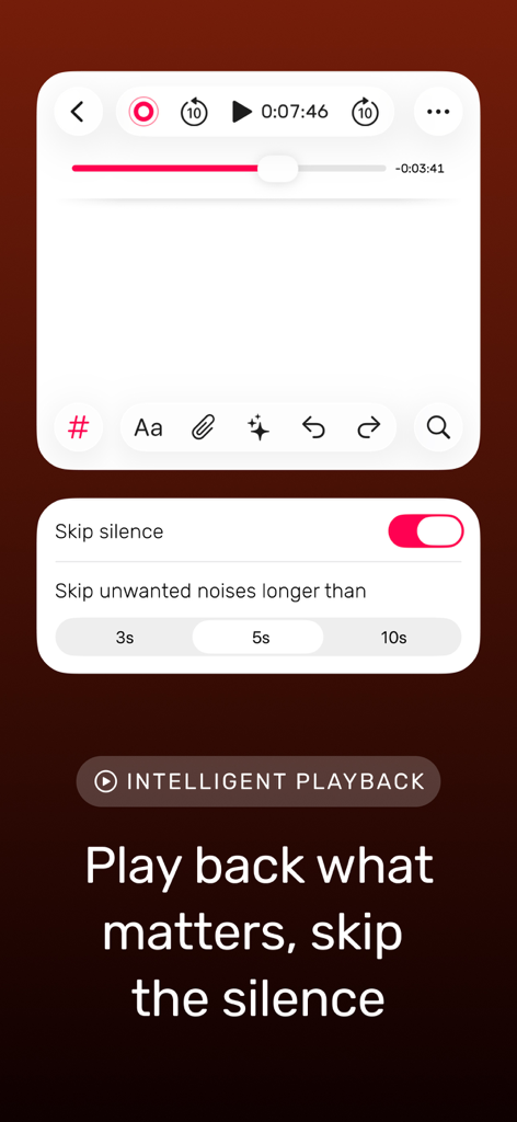 Noted: Record & AI Transcribe - Interface de l'application Noted montrant la fonction de lecture intelligente et les réglages pour sauter les silences