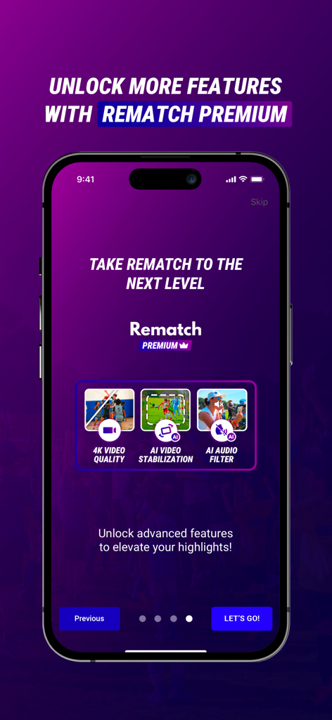 Rematch – Sports Highlights - Tela do aplicativo mostrando os recursos do Rematch Premium, incluindo qualidade de vídeo 4K, estabilização de IA e filtro de áudio de IA