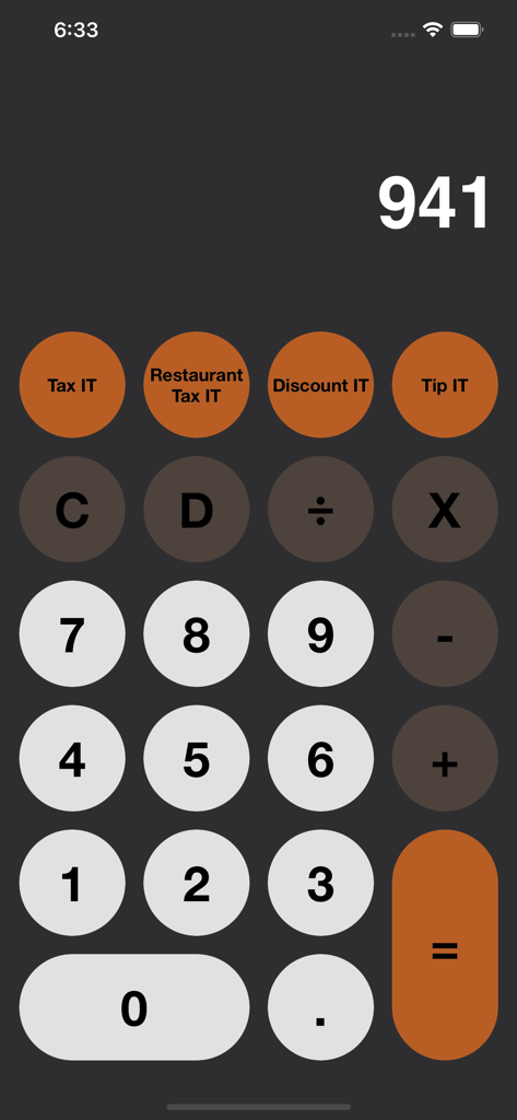 Tax It - Sales Tax Calculator - Tax It アプリのインターフェース。売上税、レストラン税、割引、チップの計算ボタンが表示されています。