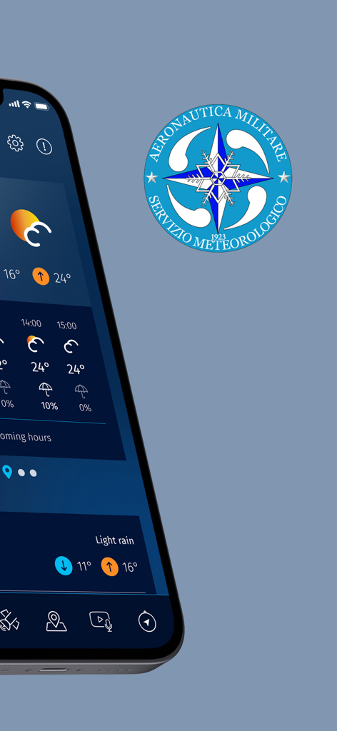 Meteo Aeronautica app dashboard showing the Italian Air Force Meteorological Service logo and hourly weather forecasts