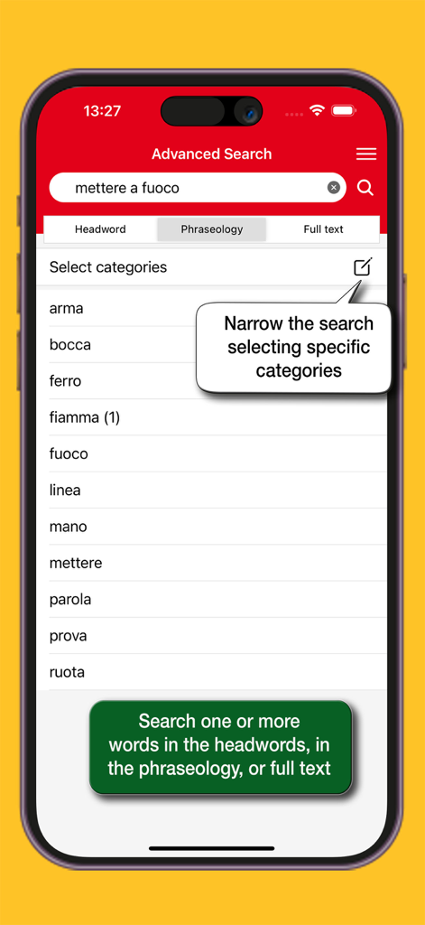 Dizionario Italiano Gabrielli - ガブリエリ伊和辞典アプリの高度な検索画面。
