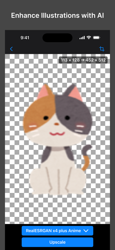 Image Super Res - Image Super Res app interface showing a cat illustration being upscaled with the RealESRGAN x4 plus Anime AI model.