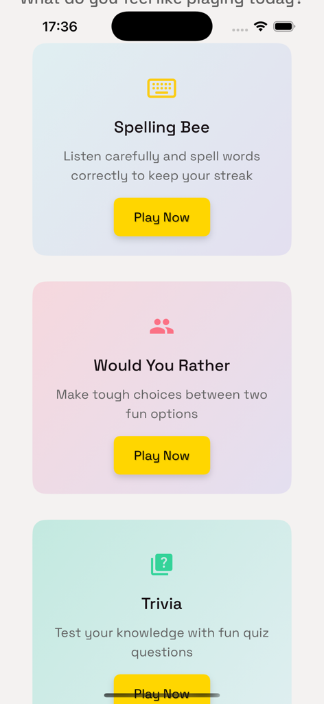 A menu of voice activated family games featuring Spelling Bee, Would You Rather, and Trivia.