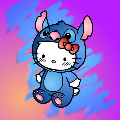 little cute hello kitty, blushing with little stitch costume