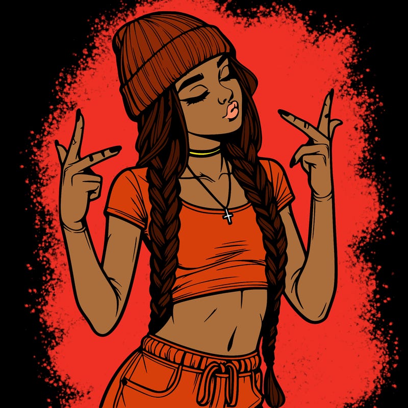 realistic teenage girl with braids and a beanie and crop top doing 🫶🏼