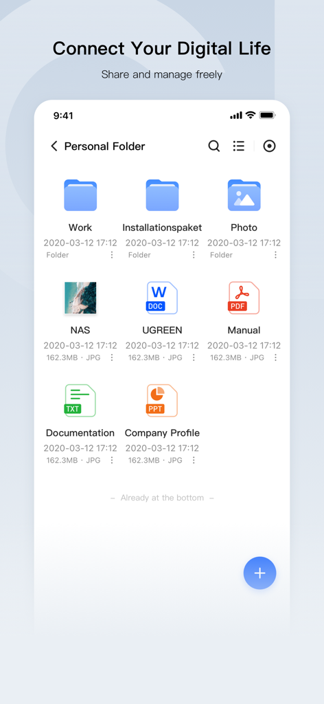 UGREEN NAS - UGREEN NAS App-Oberfläche mit Anzeige der persönlichen Ordnerorganisation und Dateiverwaltung