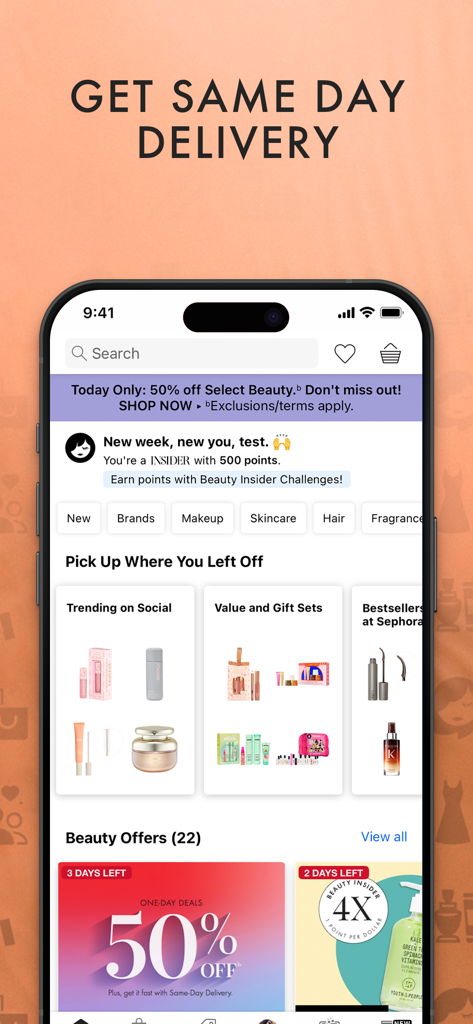 Sephora US: Makeup & Skincare - Sephora app home screen showing beauty deals and reward points display