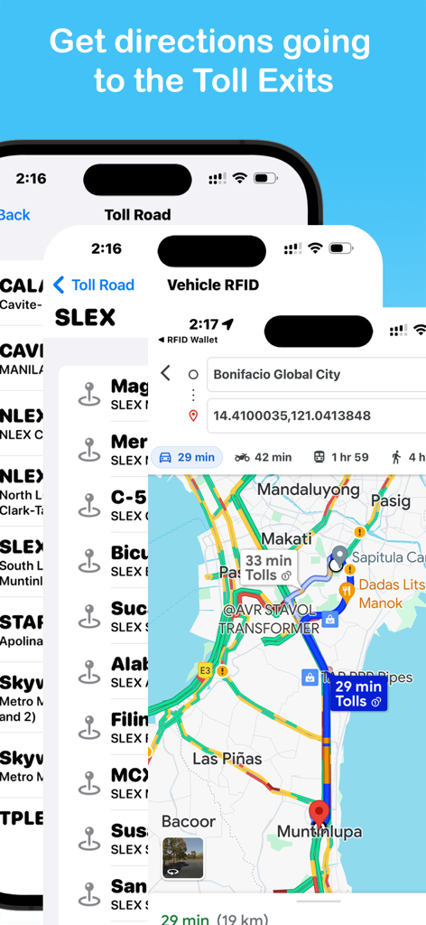 RFID Wallet EasyTrip AutoSweep - RFID Wallet app screenshots showing GPS navigation and directions to Philippine toll exits on a map