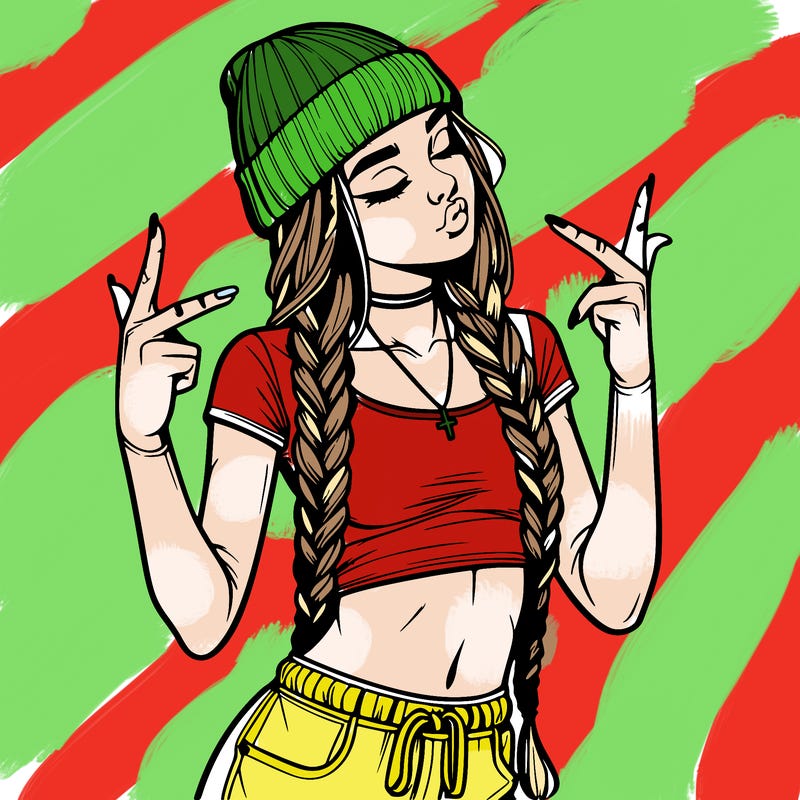 realistic teenage girl with braids and a beanie and crop top doing 🫶🏼