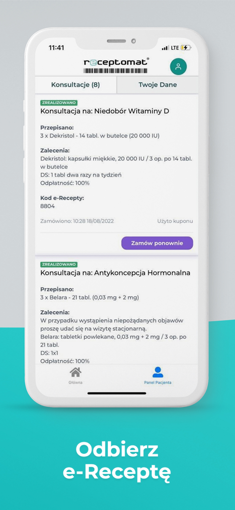 Receptomat - Écran de l'application mobile Receptomat affichant une liste des consultations médicales terminées et des e-prescriptions
