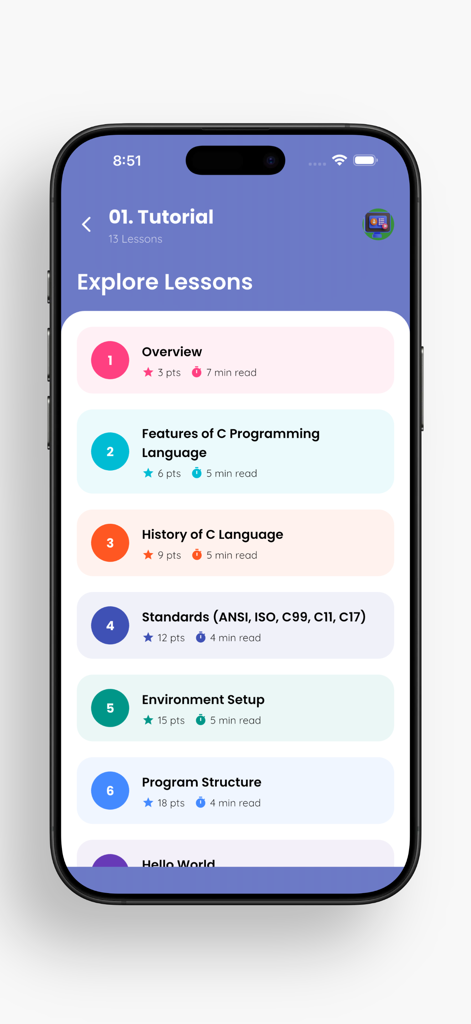 Learn C Programming - Guide - Pantalla de tutorial en la aplicación de programación C que muestra una lista de lecciones para principiantes
