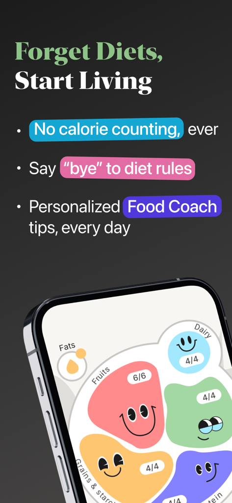 Eated app screenshot with the headline Forget Diets Start Living showcasing features like no calorie counting and personalized food coach tips alongside a colorful food tracking interface.