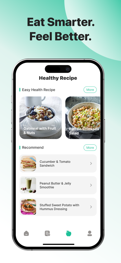 VitalLog Tracker - A screenshot of the VitalLog Tracker app showing the healthy recipes screen with large text and clear meal photos like oatmeal and chickpea salad.