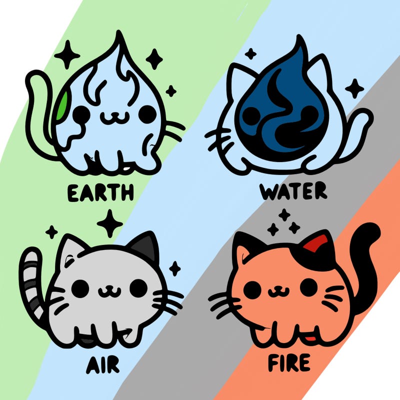 4 cats that represent the different elements, earth, water, air, and fire