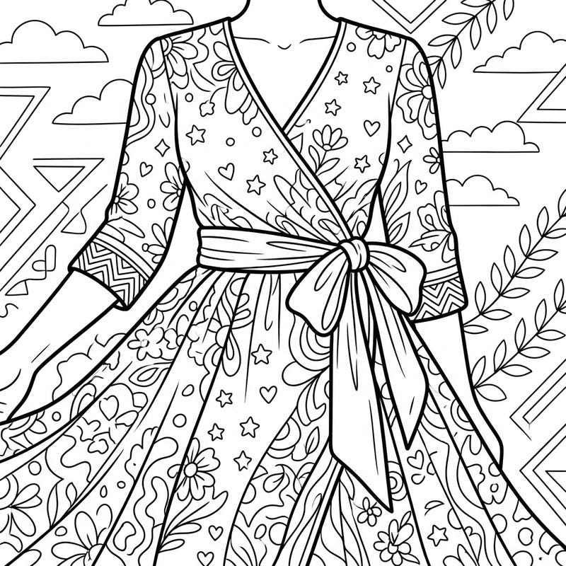 Dive into the world of fashion with this stunning wrap dress coloring page, perfect for trend-setting teens. Express your unique style by bringing this beautifully patterned garment to life with your favorite colors.