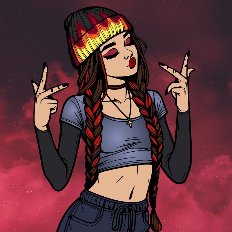 realistic teenage girl with braids and a beanie and crop top doing 🫶🏼