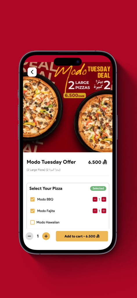 Pizza Modo - Pizza Modo app screen displaying a Tuesday offer for two large pizzas with options to select different pizza flavors like BBQ and Fajita.