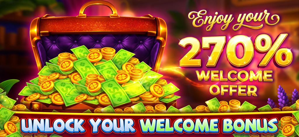 Lavish Luck Casino - Um baú de tesouro dourado transbordando de moedas de ouro e dinheiro para uma oferta de boas-vindas de 270 por cento no Lavish Luck Casino.