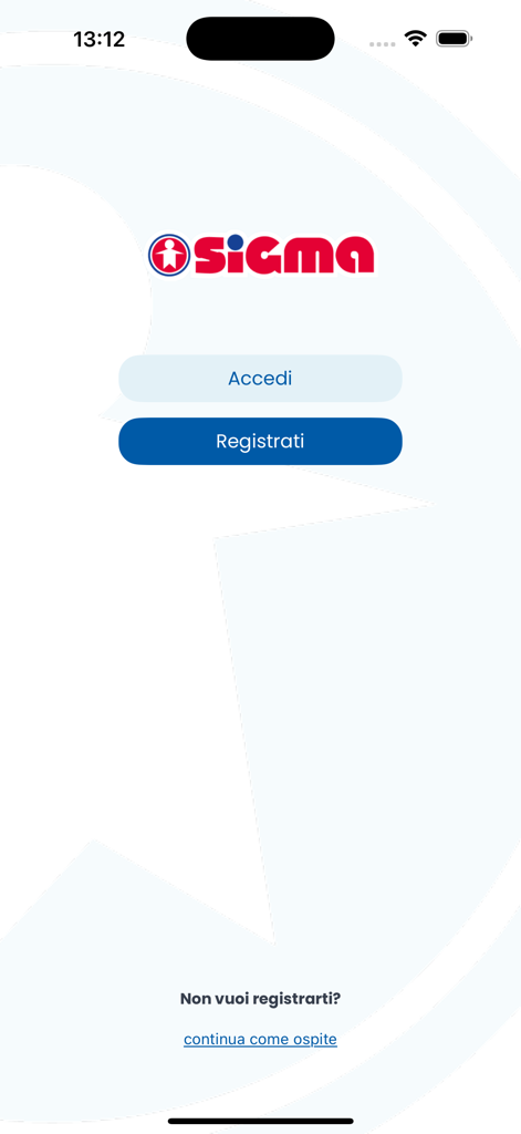 SuperSIGMA - Welcome screen of the SuperSIGMA app with login and registration buttons
