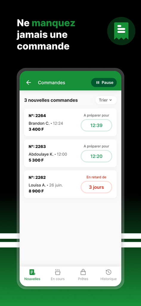 Gozem Marchand - Interface of the Gozem Marchand app displaying a list of new business orders with customer names and preparation times.