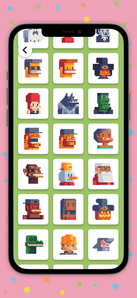 Eine Auswahl verschiedener Pixel-Art-Charaktere im Color Tap Malspiel