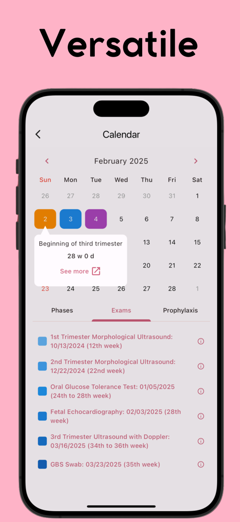 Pregnancy calendar screen showing exam schedules and trimester milestones