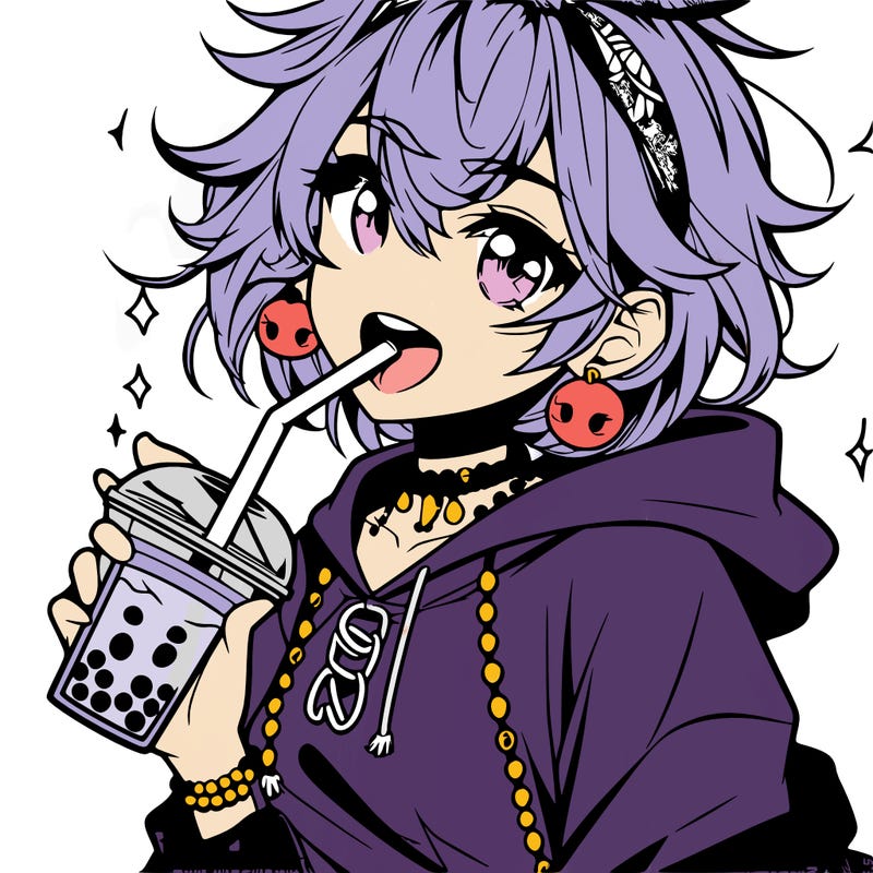 hot baddie anime girl drinking boba and biting the straw