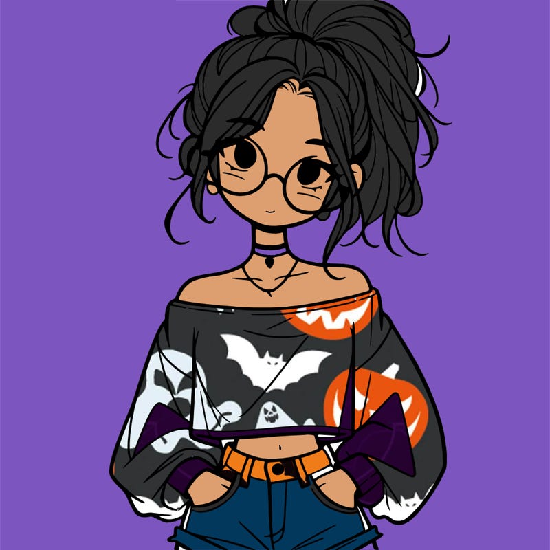 girl with a messy ponytail glasses a baggy crop top and jean shorts