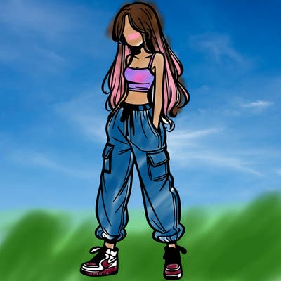 girl in baggy pants crop top and long hair