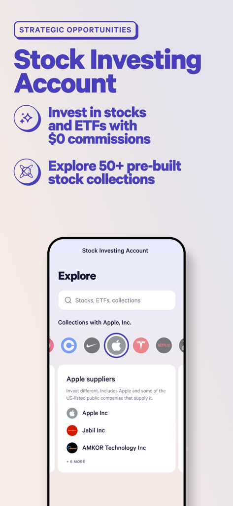 Wealthfront: Save and Invest - Pantalla de la aplicación Wealthfront que muestra la inversión en acciones y ETF sin comisiones con colecciones preconstruidas como proveedores de Apple.