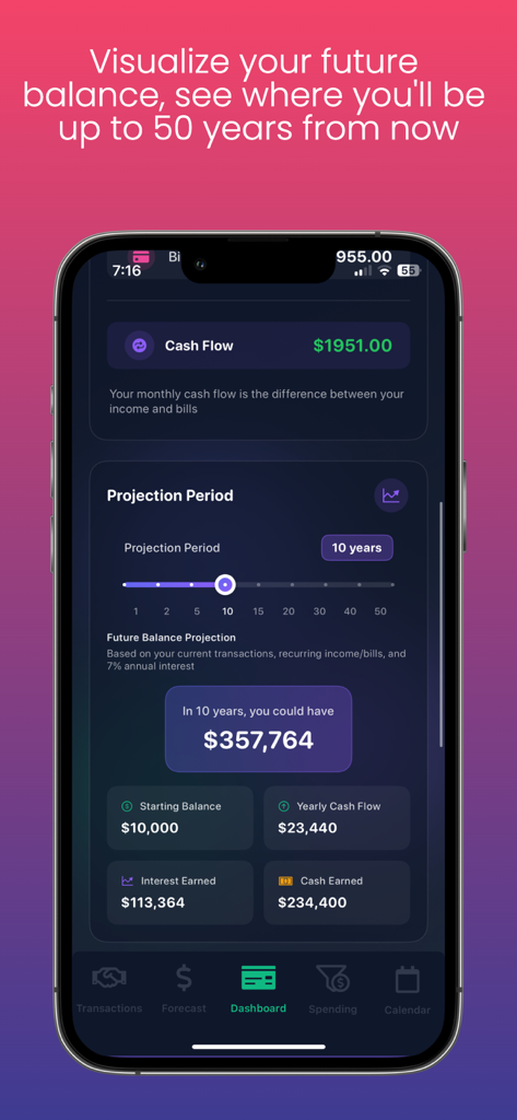 LongMoney - LongMoney app dashboard displaying a 10-year wealth projection and compound interest calculation.