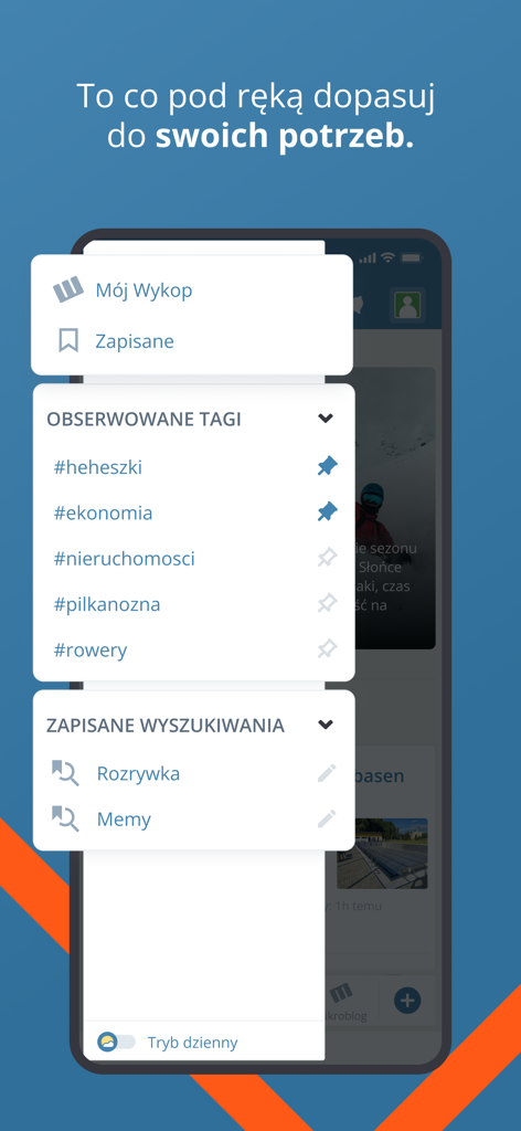 Wykop - Uno screenshot del menu laterale personalizzabile dell'app mobile Wykop che mostra tag seguiti e ricerche salvate in polacco.