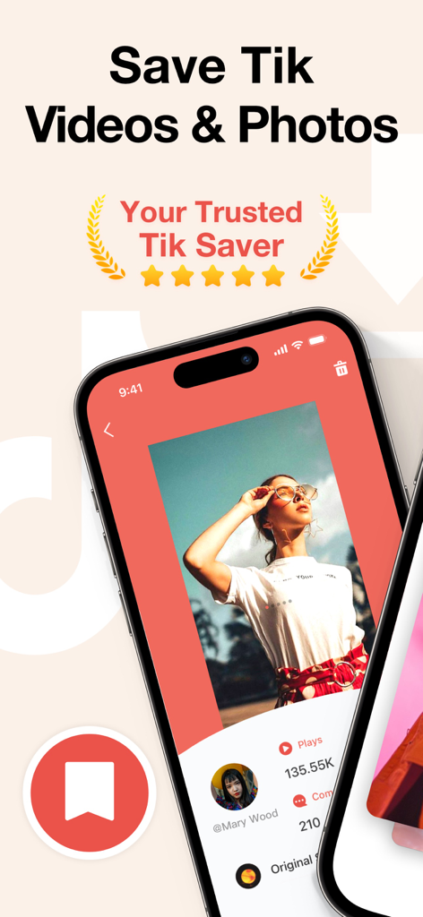 Interfaz de la aplicación móvil de TikSaver mostrando una vista previa de video con estadísticas de reproducción y un ícono de marcador para guardar contenido de TikTok