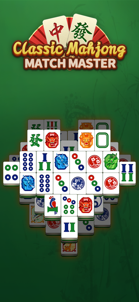 A gameplay screenshot of Classic Mahjong Match Master featuring a central layout of large tiles with bold symbols on a serene green background