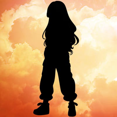girl in baggy pants crop top and long hair