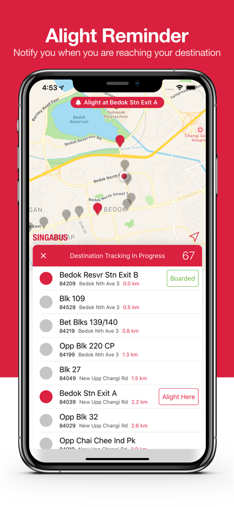 Singabus - Bus Timing + MRT - Singabus app showing real-time alight reminder and bus stop tracking on a map