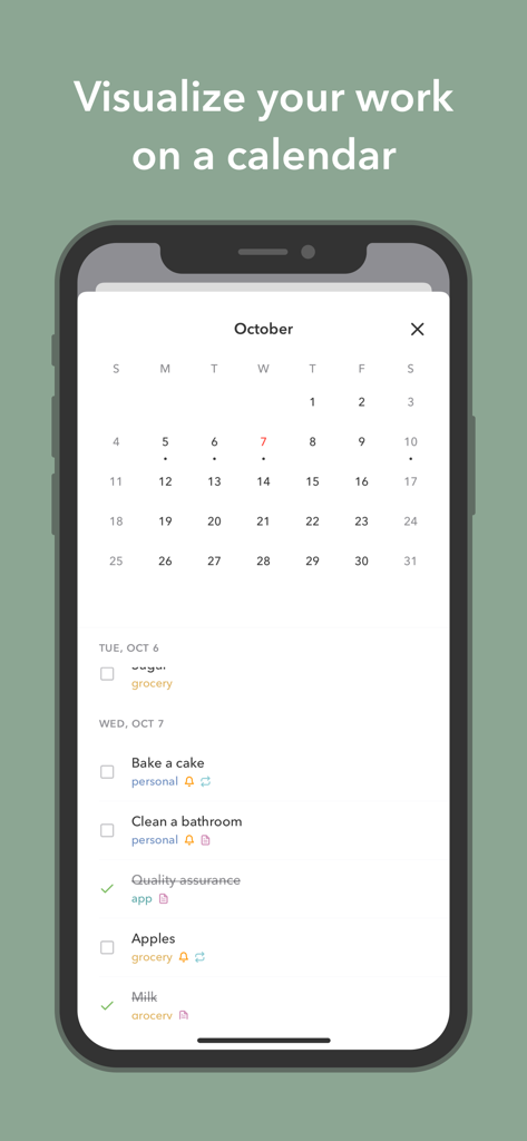 Mindlist — To Do List & Tasks - A mobile interface of the Mindlist app showing a monthly calendar and a list of daily tasks.