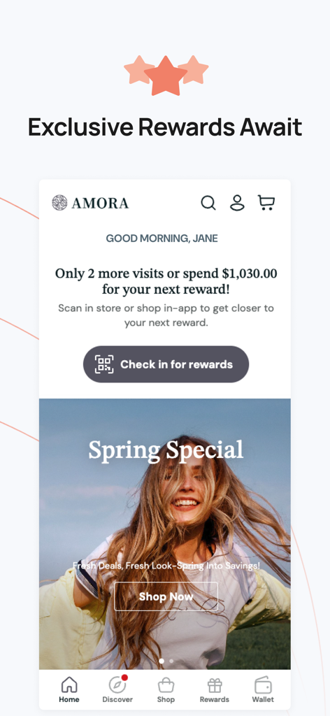 MyRepeat: Patient Rewards - Tableau de bord de l'application MyRepeat montrant la progression des récompenses de l'utilisateur et une promotion spéciale de printemps