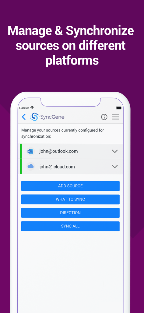 SyncGene mobile app interface showing configured Outlook and iCloud accounts for synchronization.