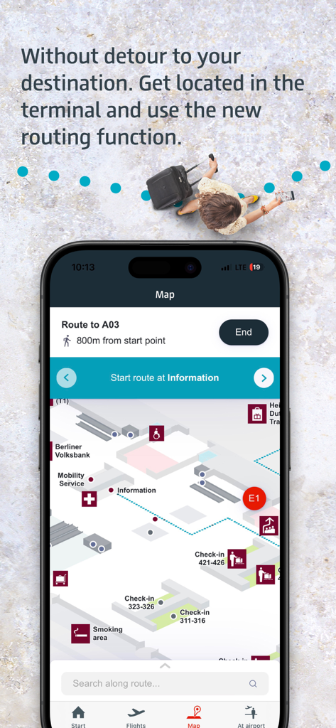 Indoor-Terminalkarte mit Routenfunktion in der BER Airport Mobile App