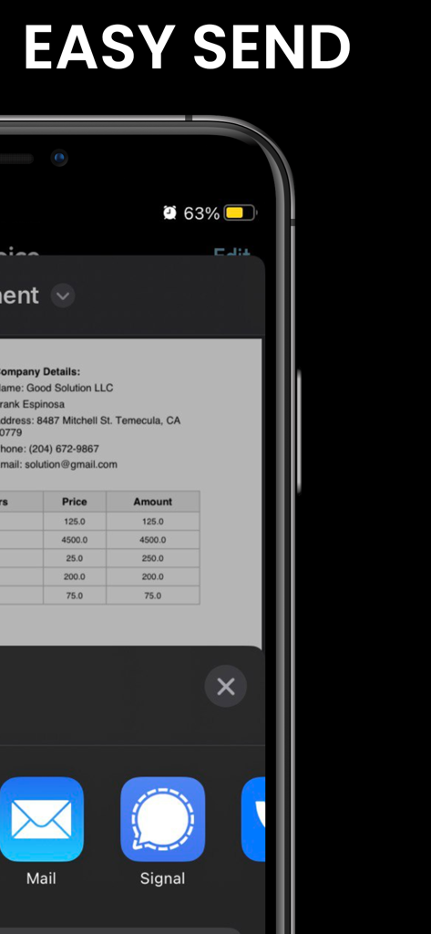 メールやSignal経由での迅速な送信オプションが表示された請求書プレビューを示すモバイル画面