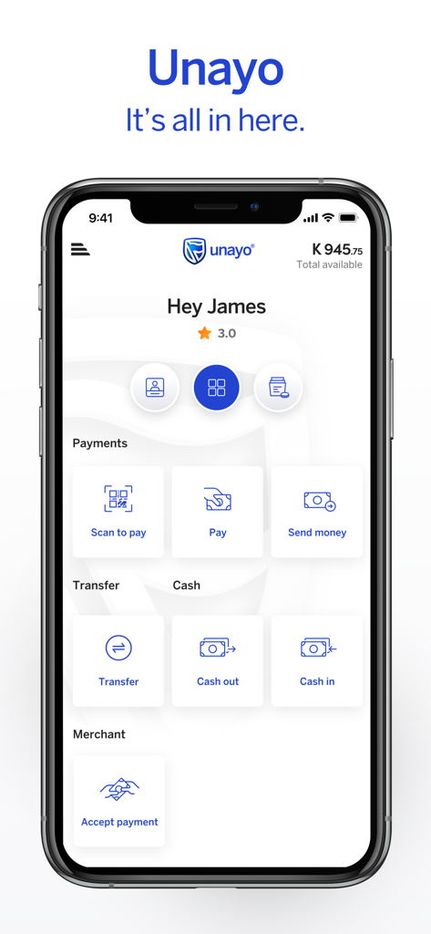 Unayo - Unayo mobile app home screen showing dashboard with payment and transfer options
