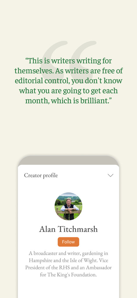A creator profile for Alan Titchmarsh in the Scribehound app including a writer testimonial quote